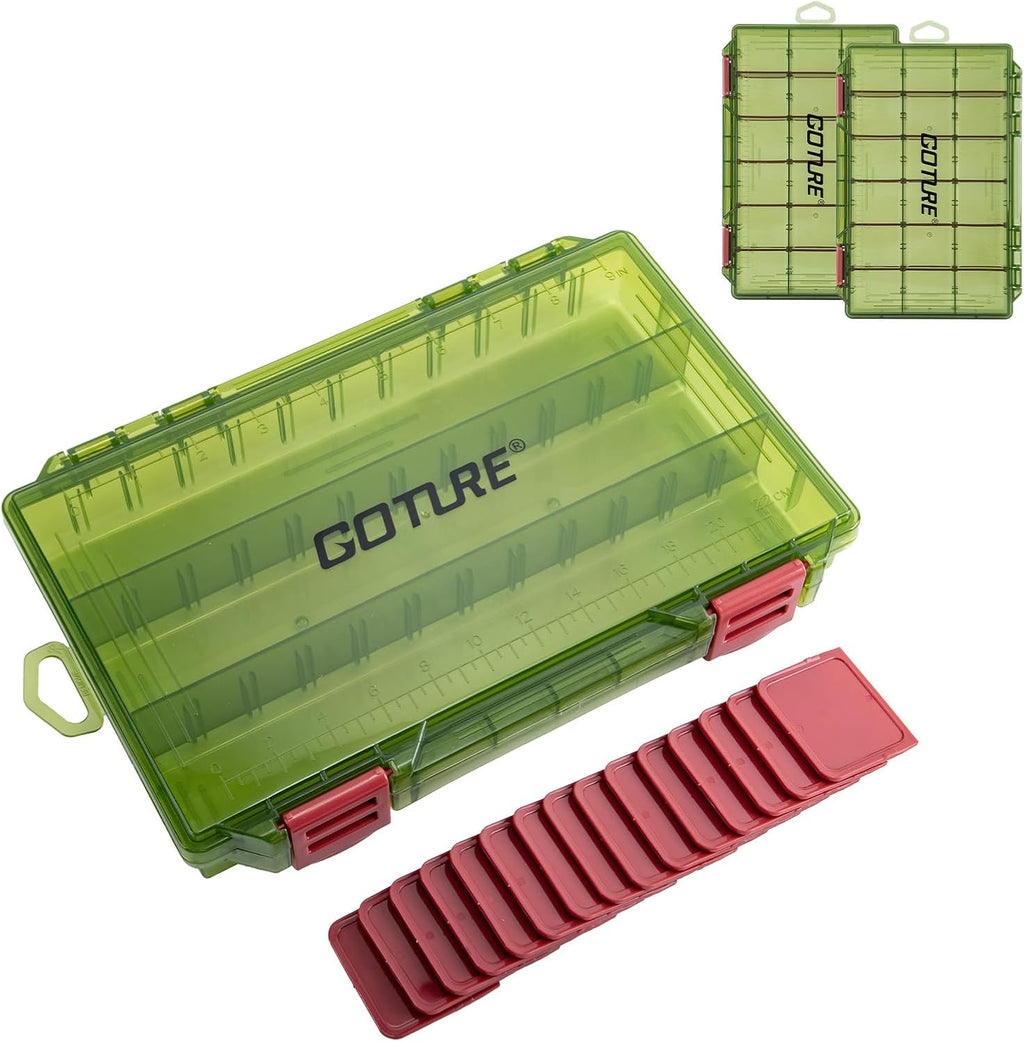 Goture Fishing Tackle Box Organizer - Transparent Fishing Organizer Box w/Measurement Ruler, Adjustable Dividers, Dual Latches | 2 Pcs 3700 Tackle Tray| Ergonomic Grip
