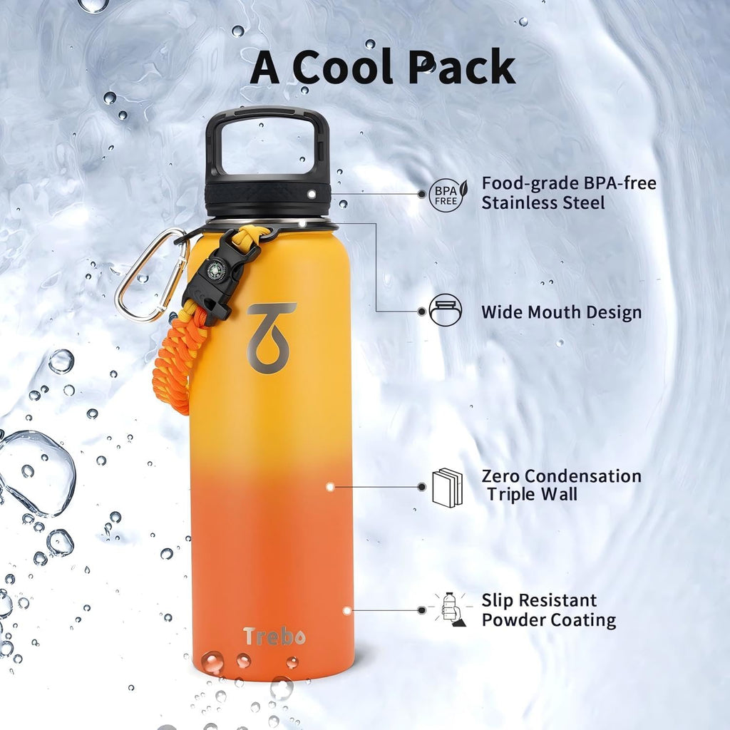 Trebo Water Bottle Insulated 40 oz with 3 Lids, Paracord Handle & Sleeve