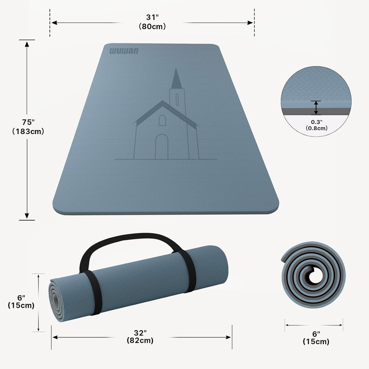 Yoga Mat TPE 72"x31.5"x0.31" Thick Non Slip Exercise Mat