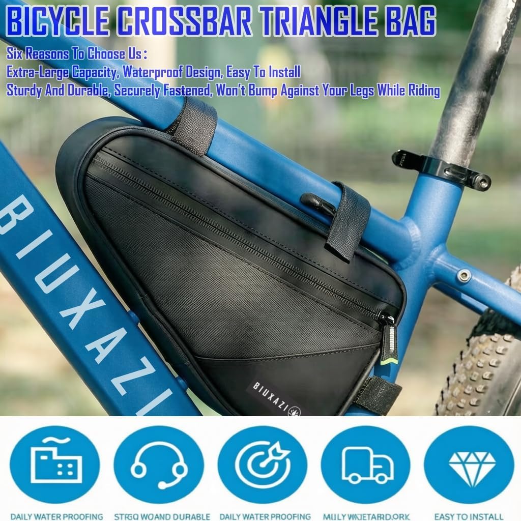 Bicycle frame bag, crossbar triangle bag, top tube bag; features a reflective triangular design and side mesh pockets; waterproof storage and tool bag for mountain and road bikes
