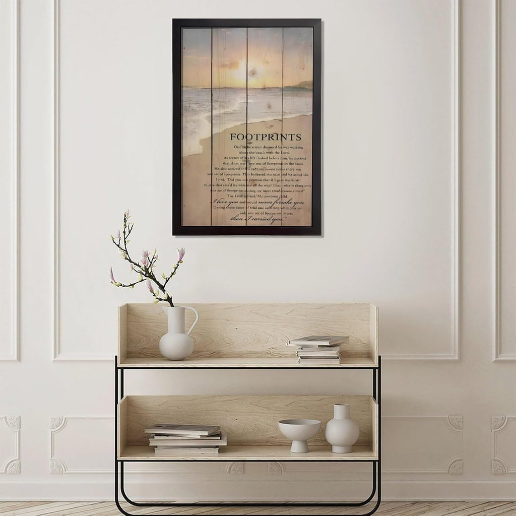 Footprints in the Sand Religious Canvas Wall Art Posters, Inspirational Beach Sunset Poem Print Poster (Black Framed 16x24inch, Footprints(1))