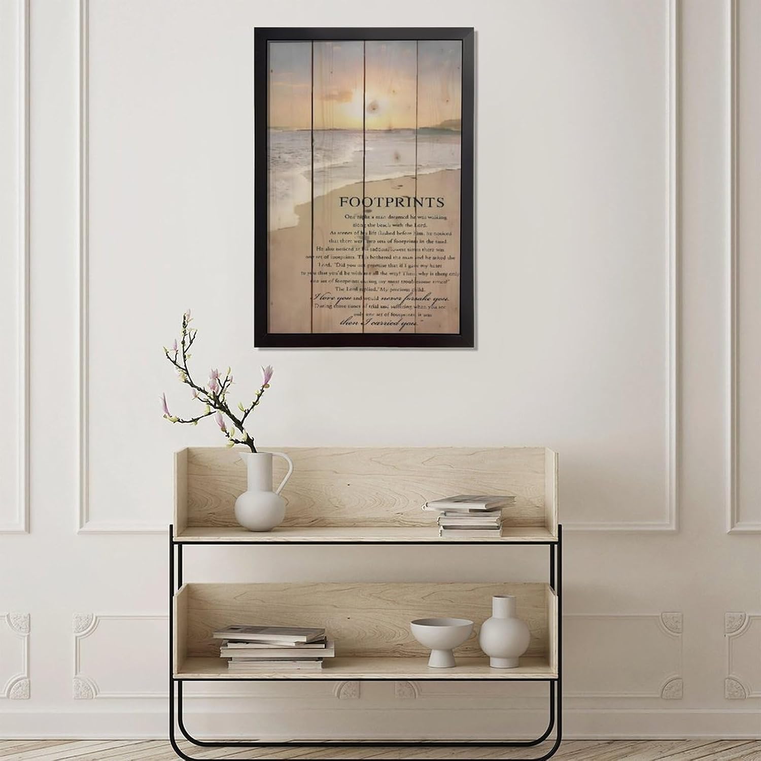 Footprints in the Sand Religious Canvas Wall Art Posters, Inspirational Beach Sunset Poem Print Poster (Black Framed 16x24inch, Footprints(1))