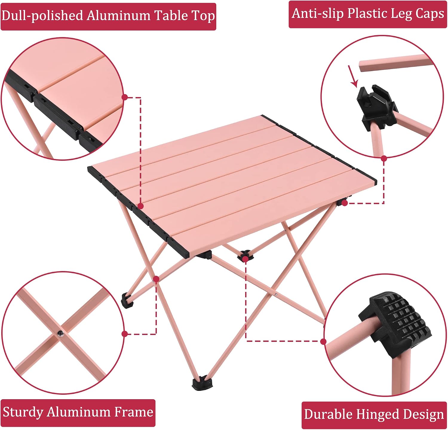 Grope Portable Beach Table for Sand, Folding Camping Table (Pink-S)