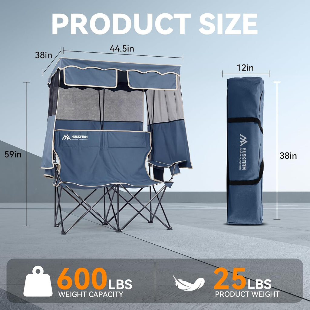 Double Camping Chair with Canopy,2 Person Folding Chair with Canopy, Blue