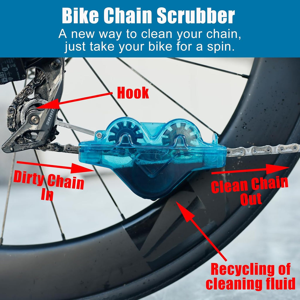 Bike Cleaning Kit Including Bicycle Chain Cleaner Degreaser, Chain Scrubber, Cycling Chain Lube, Cleaning Brush Tool, Gear Floss for Mountain Bike/MTB, Road Bike, Ebike and Trail Bikes