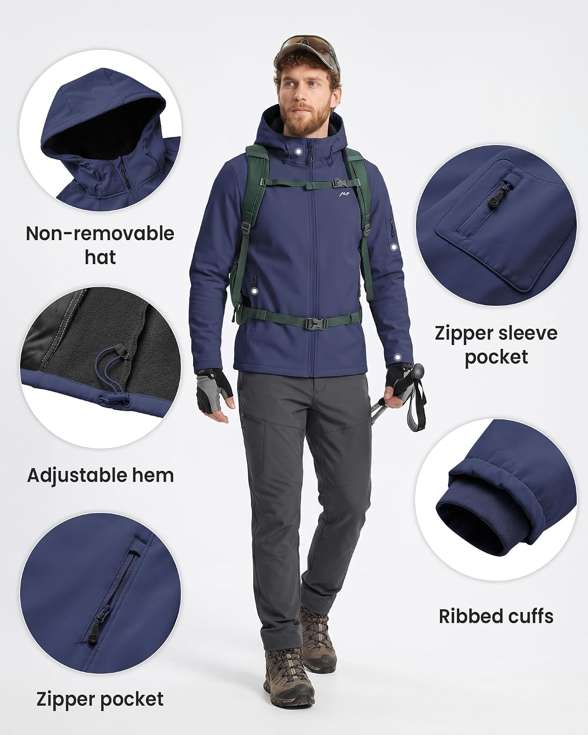WULFUL Men's Lightweight Softshell Jacket Warm Fleece Lined Windbreaker Waterproof Soft Shell for Outdoor Hiking