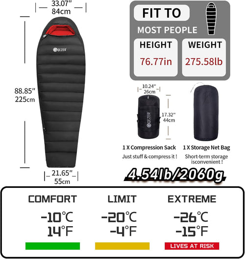 0 Degree Down Sleeping Bag for Adults,Cold Weather Backpacking