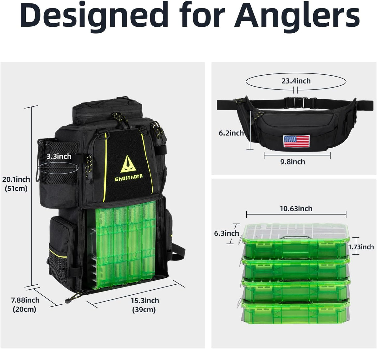 Ghosthorn 43L Fishing Tackle Backpack with 4 Tackle Boxes & Rod Holder