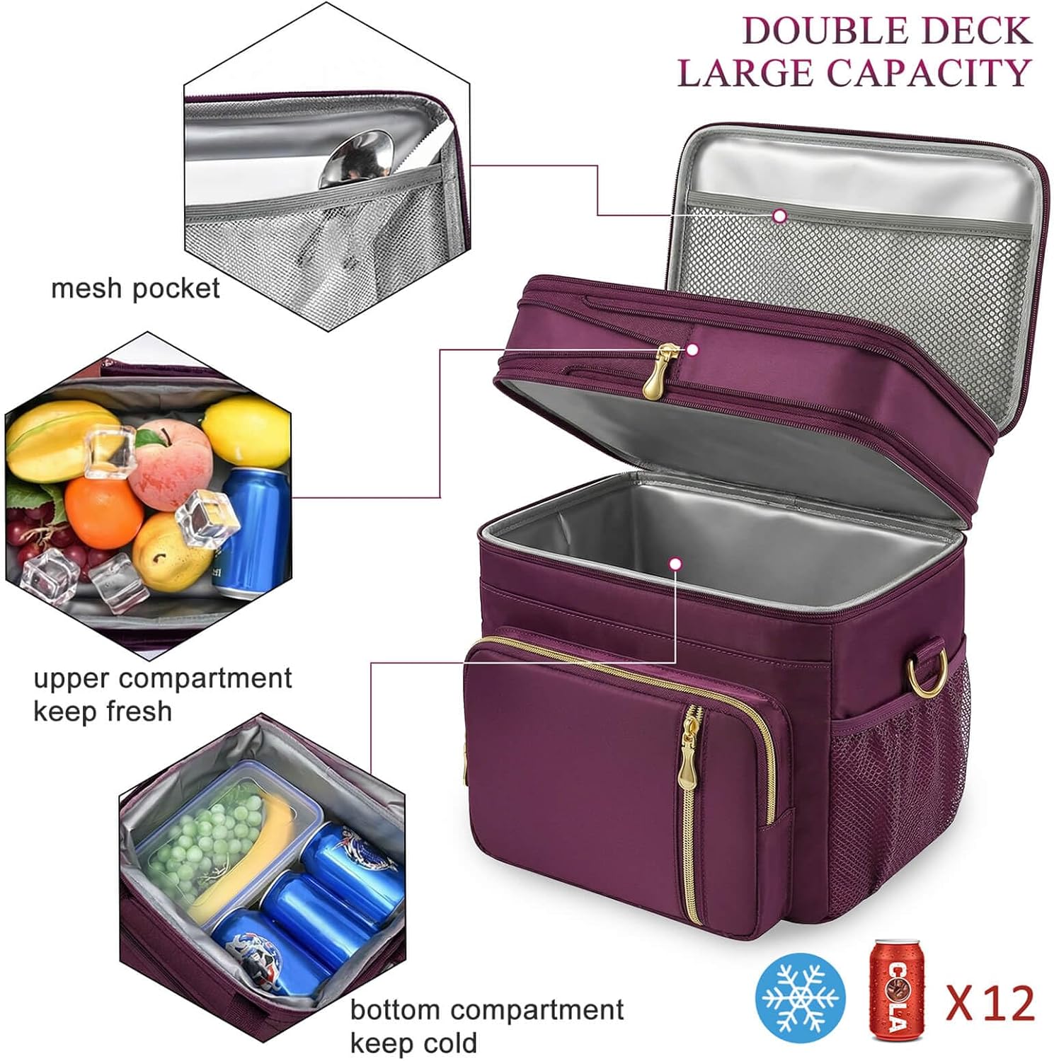 MIYCOO Lunch Bag for Women & Men, Expandable Double Deck Lunch Box, 15L