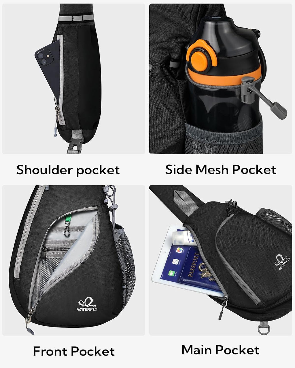WATERFLY Crossbody Sling Bag, Small Shoulder Chest Backpack