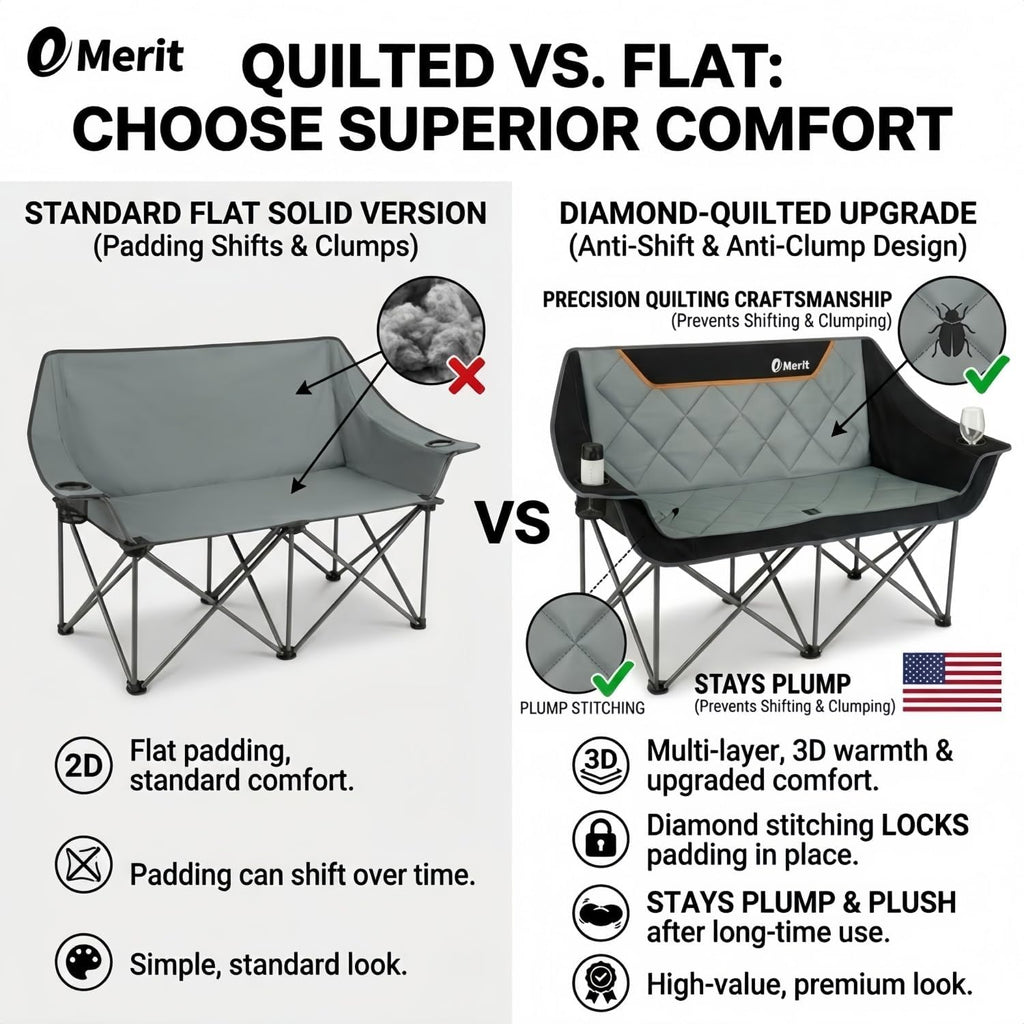 EMERIT Oversized Fully Padded Camping Chair, Heavy Duty 650LB Folding Camping Loveseat, Quad Fold Double Camping Couch with Cup Holders & Carry Bag for Outdoor, Lawn, Sports Events Black