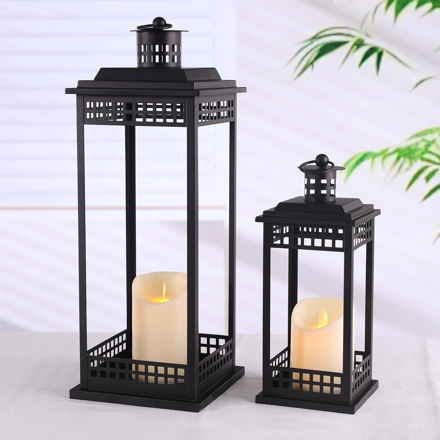 Decorative Candle Lanterns Set of 2, Black Metal for Indoor & Outdoor