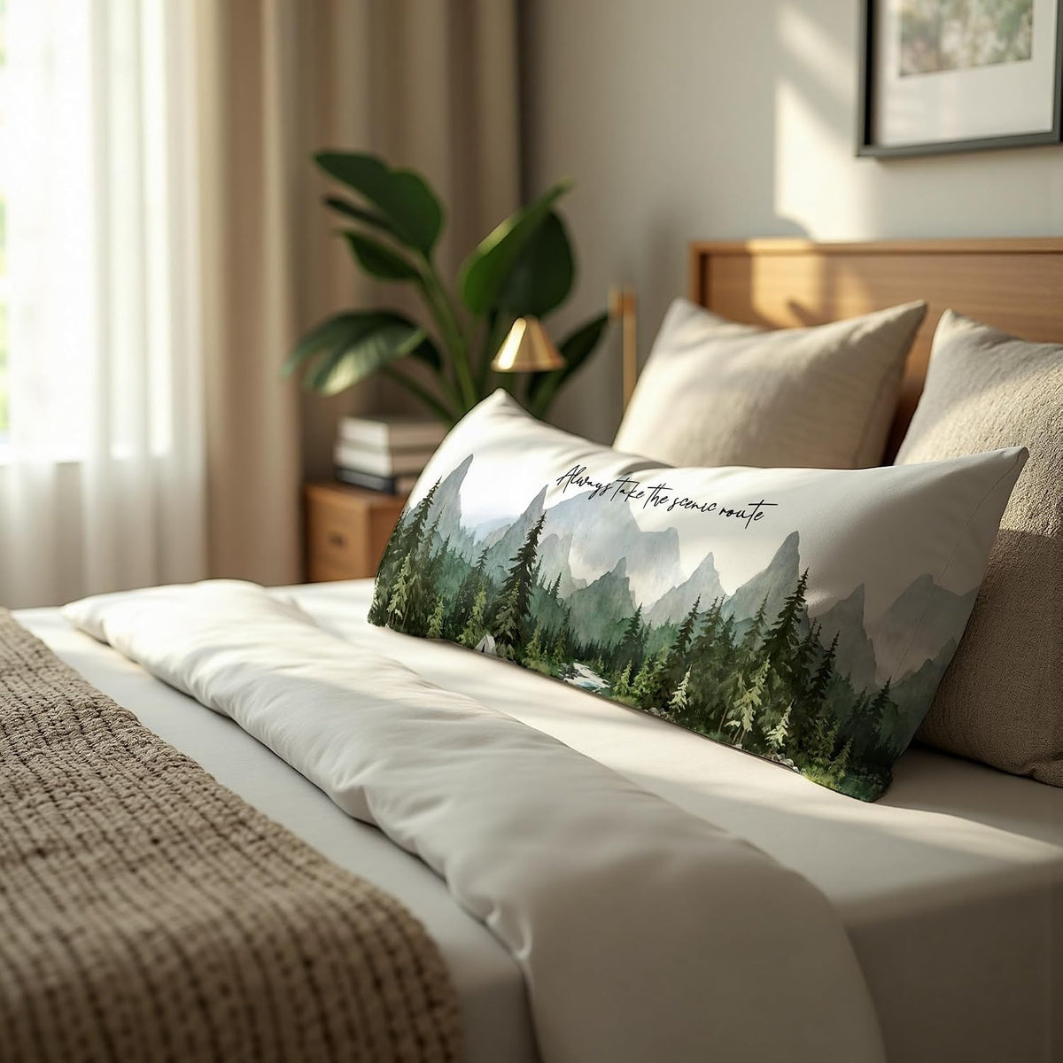 Camping Forest Mountain Body Pillow Cover 20x54, Take The Scenic Route Decorative Camping Body Pillow Case, Nature Camper RV Cushion Cover for Couch Sofa,Adventure Gifts for Camper Lovers A035