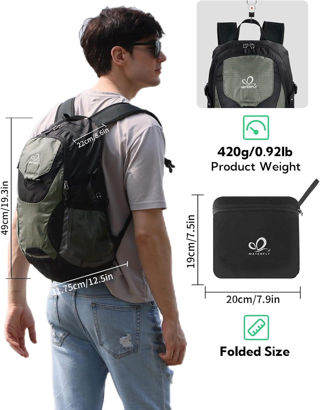 WATERFLY Lightweight Packable Hiking Backpack, 30L Day Pack