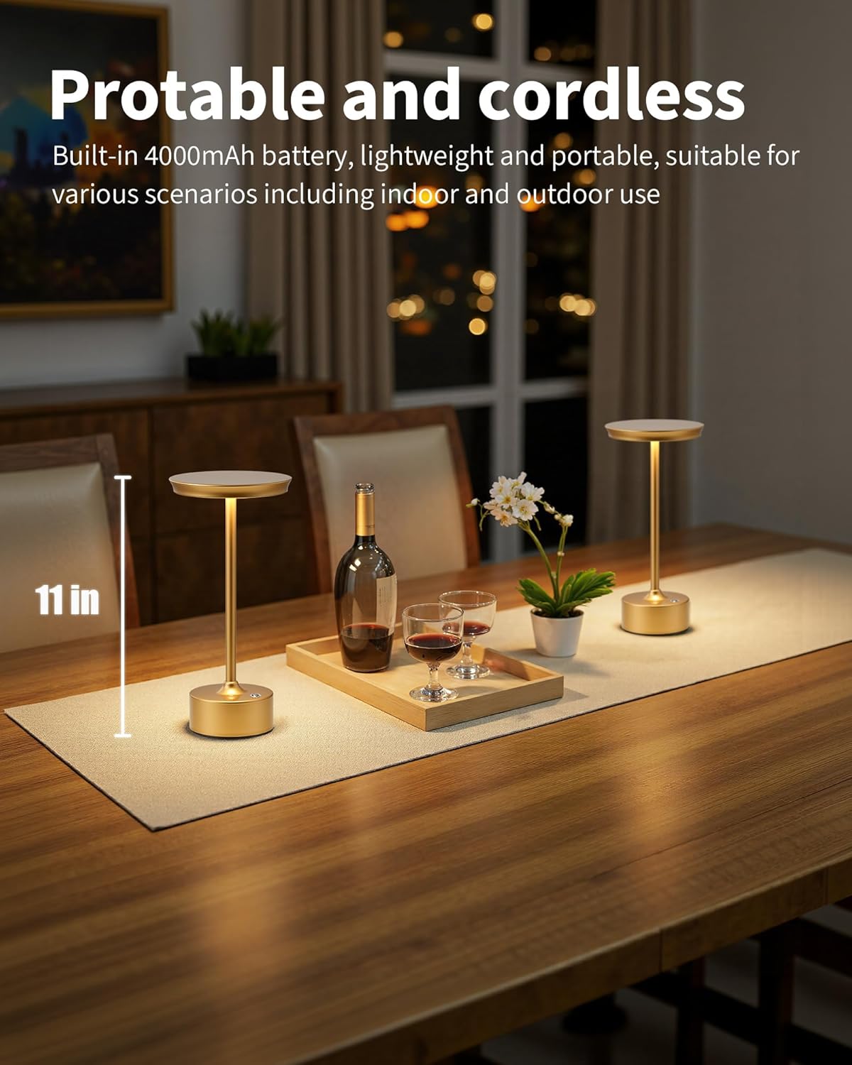 PUSU Rechargeable Table Lamps Set of 2, Gold Cordless Portable Desk Lamp