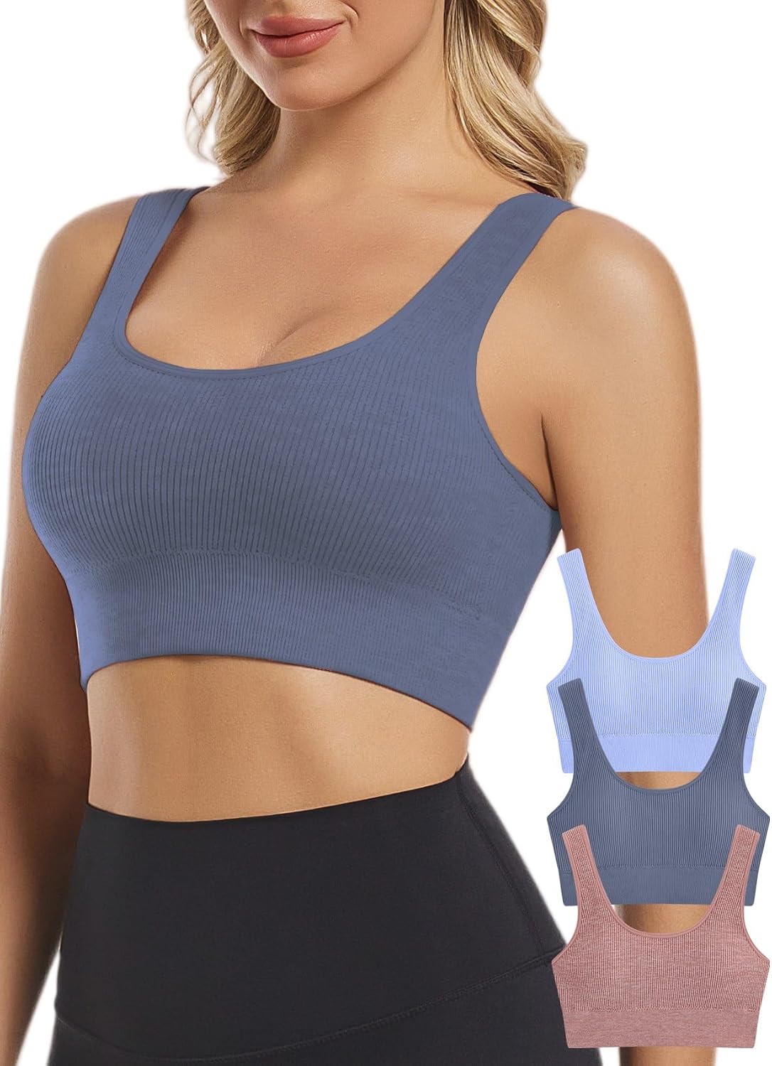 Chilylori Seamless Sports Bras for Women Pack of 3 Ribbed Sports Bra Tops
