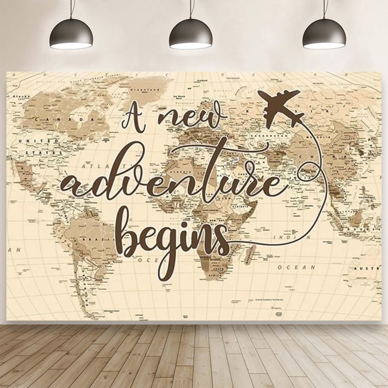 A New Adventure Begins Travel Backdrop Vintage World Map Around World Airplane Birthday Bridal Shower Photography Backdrops Newborn Baby Shower Birthday Party Decoration (7x5feet)