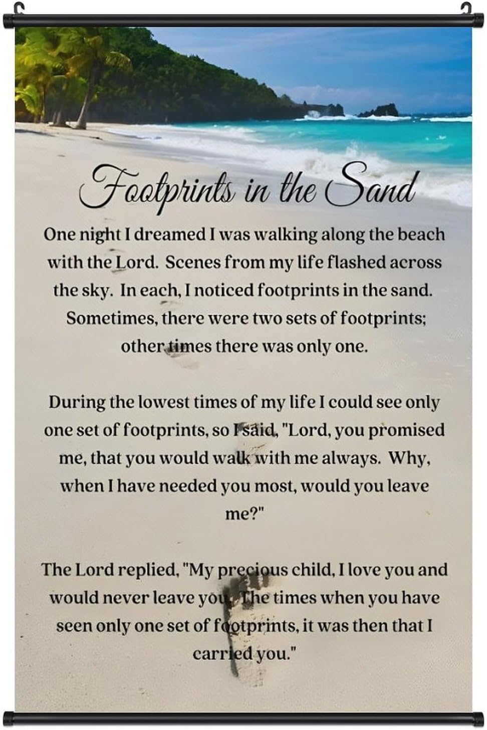 Footprints in the Sand Religious Canvas Wall Art Posters, Inspirational Beach Sunset Poem Print Poster (Black Axis 12x18inch, Footprints(4))