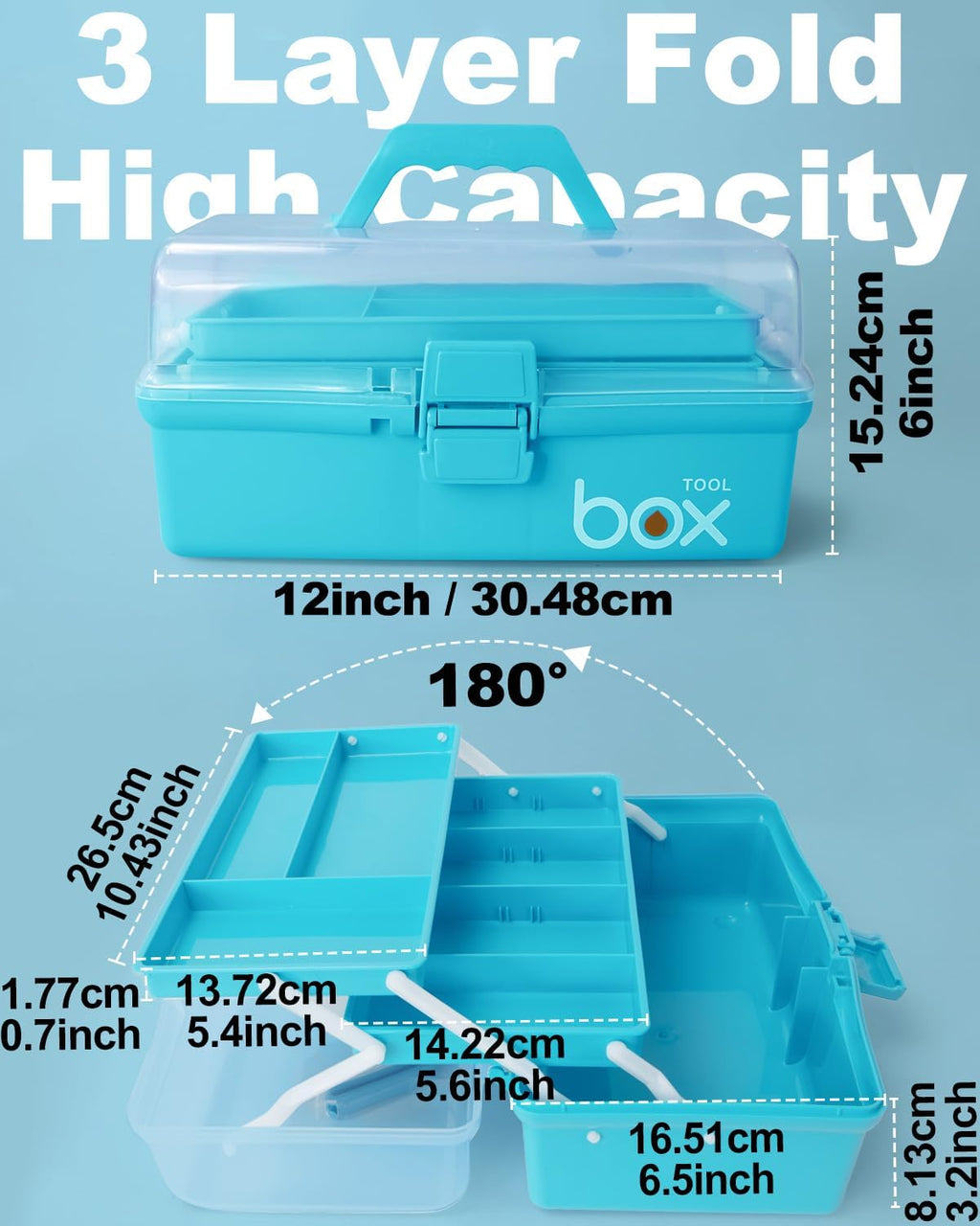 TERGOO 12in 3-Layer Plastic Craft Organizers and Storage, Portable Folding Tackle Box with Handle & Adjustable Dividers, Multipurpose Case for Sewing, Art Supplies, Medicine, Tools (Blue)