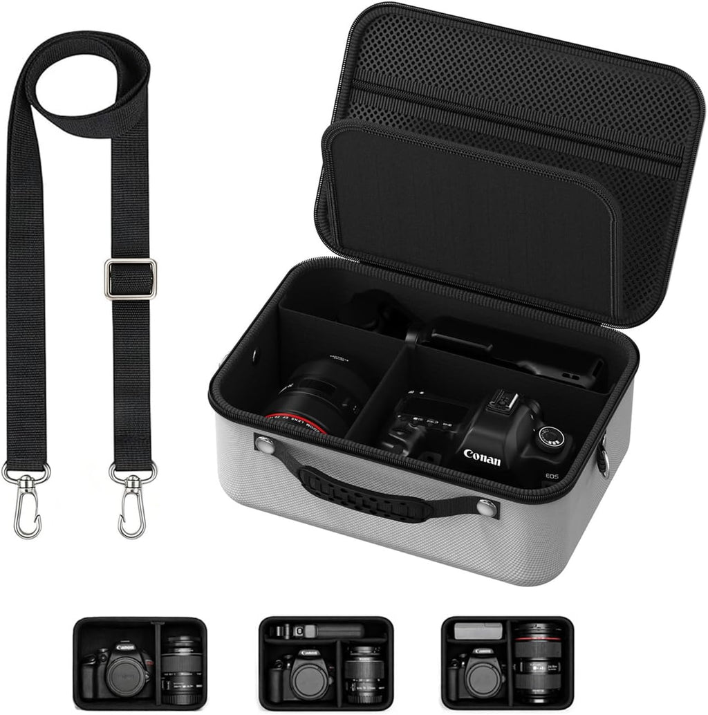 Hard Shell Camera Case Compatible with Canon EOS Rebel T7/R50/R100 and More DSLR & Mirrorless Cameras – Portable Travel Bag with Adjustable Dividers, Mesh Pocket & Shoulder Strap (Black)