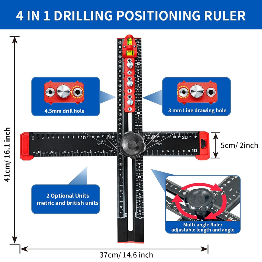 4-in-1 Drilling Positioning Ruler, Multi-Function T-Square，Adjustable 14 inches/35 cm, Woodworking Marking Tool, Cabinet Hole Drilling Template for Precise Drilling Angle Measurement and Marking