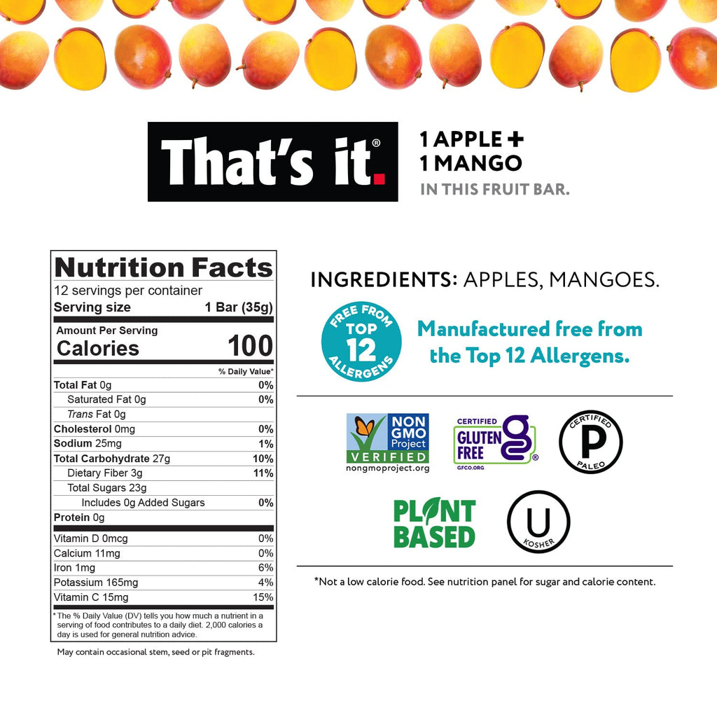 That's it. Variety Pack 100% Natural Real Fruit Bar, Best High Fiber Vegan, Gluten Free Healthy Snack, Paleo for Children & Adults, Non GMO No Added Sugar, No Preservatives Energy Food (12 Pack)
