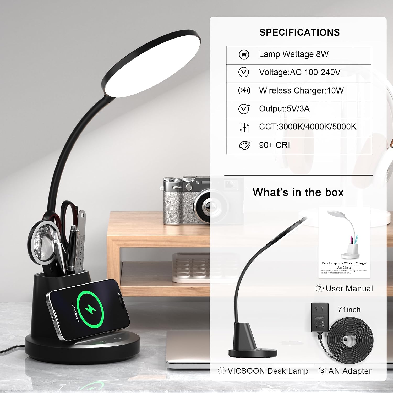 LED Desk Lamp with Wireless Charger for Home Office, Black