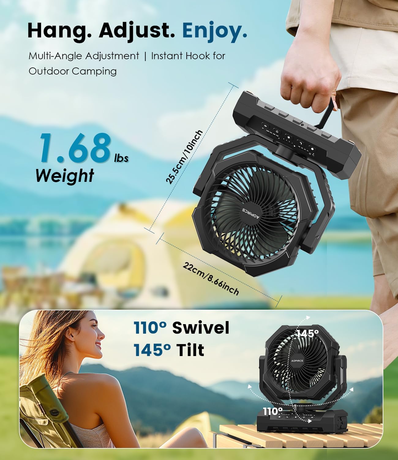 Camping Fan Rechargeable, 24000mAh Battery Powered Fan with LED Light, Hook