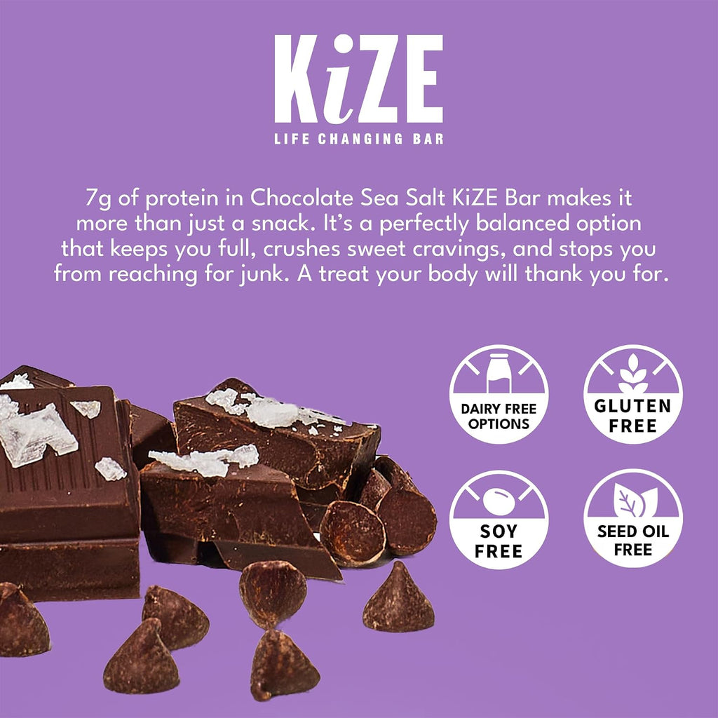 KiZE Energy Bars - Chocolate Sea Salt - Gluten Free, Dairy Free, Non-GMO, and High Protein Meal Replacement Energy Bars, Meal Bas, Clean & Simple Food Ingredients - 7g High Protein Snacks, (10 Count)