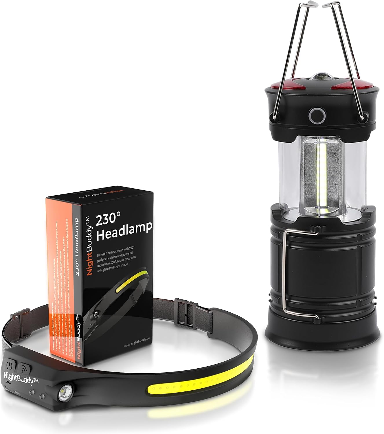 Night Buddy LED Headlamp Rechargeable Flashlight for Adults Camping Essentials Backpacking Lights 4X Brighter Other Headlight Headband Lamp 5 Light Modes Hiking Gear Must Haves (Headlamp + Lantern)
