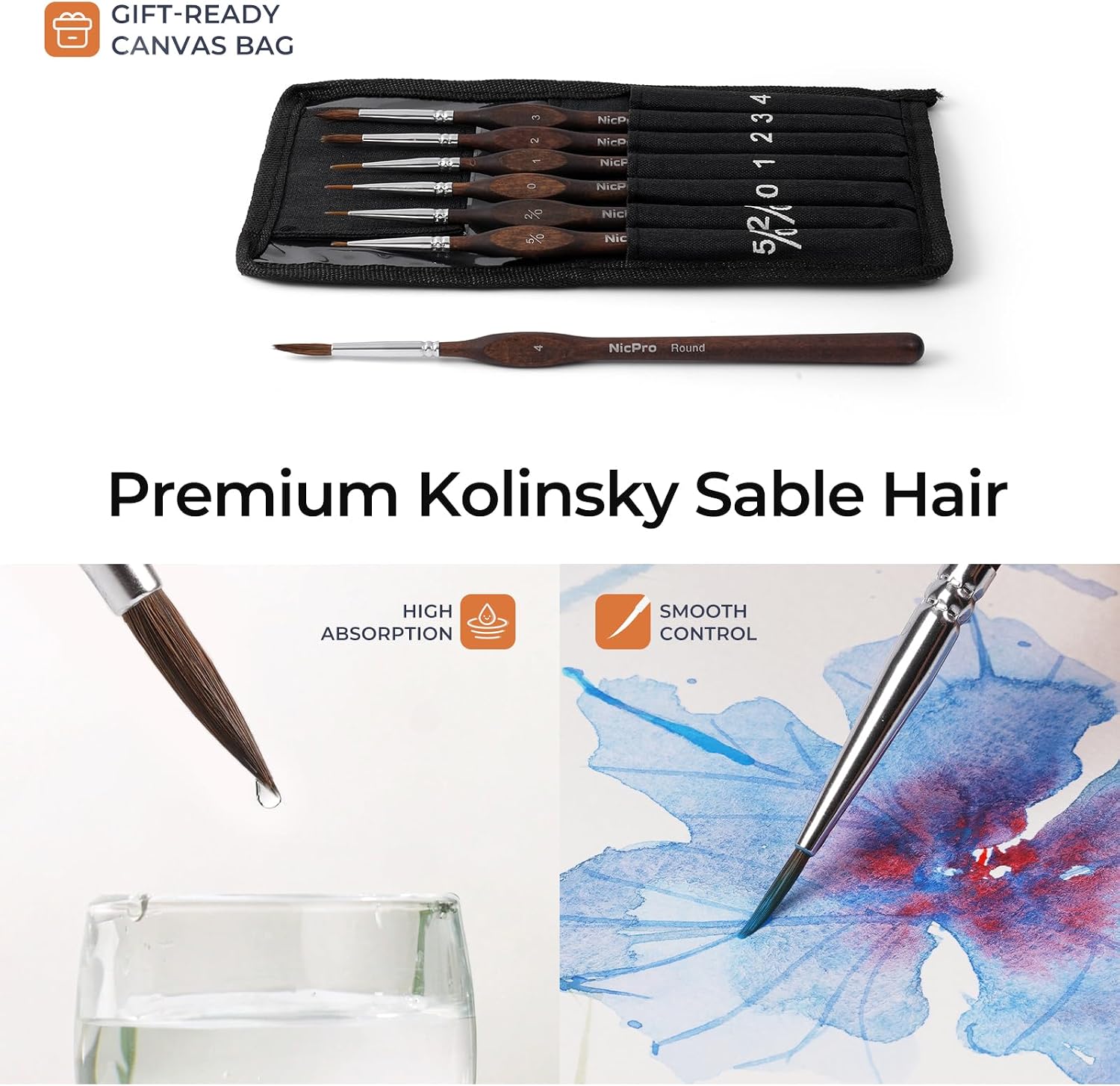 Nicpro 7pcs Kolinsky Sable Miniature Paint Brushes with Cloth Roll