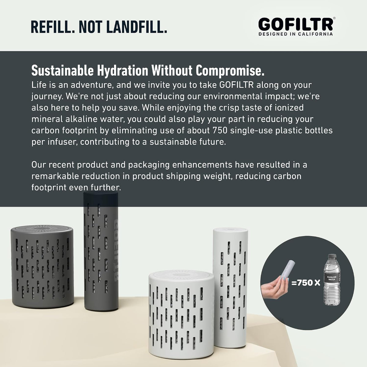 GOFILTR Alkaline Water Infuser - 9.5 pH + Electrolytes for Any Water Bottle/Small Pitcher, 750 Refills / 3 Months, Ionized Mineral Water Infuser (1 Pack)