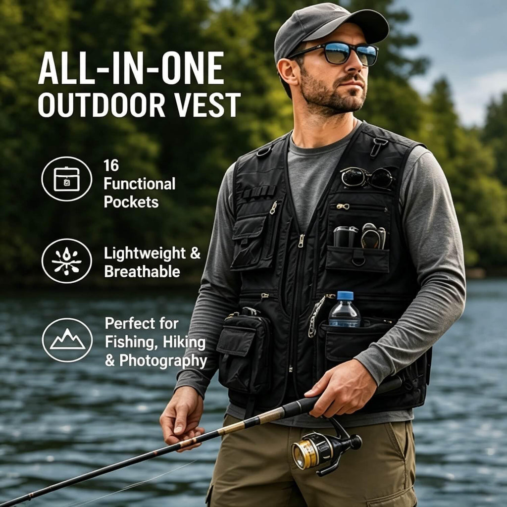 Outdoor Utility Vest for Men & Women, Lightweight Breathable Mesh Vest with Multiple Pockets for Fishing, Photography, Hiking, Camping, Travel & Safari, Black
