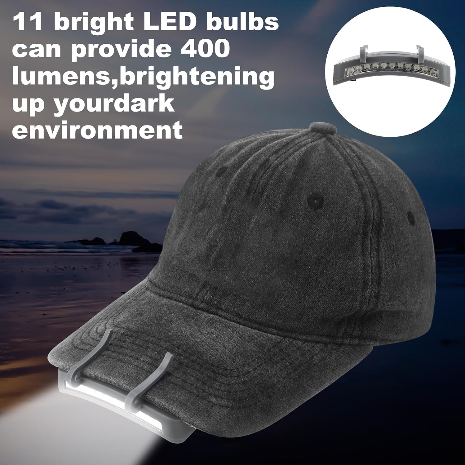 Mudder 4 Pcs Grey Hat Light Clip on Battery Powered 11 LED Cap Flashlight