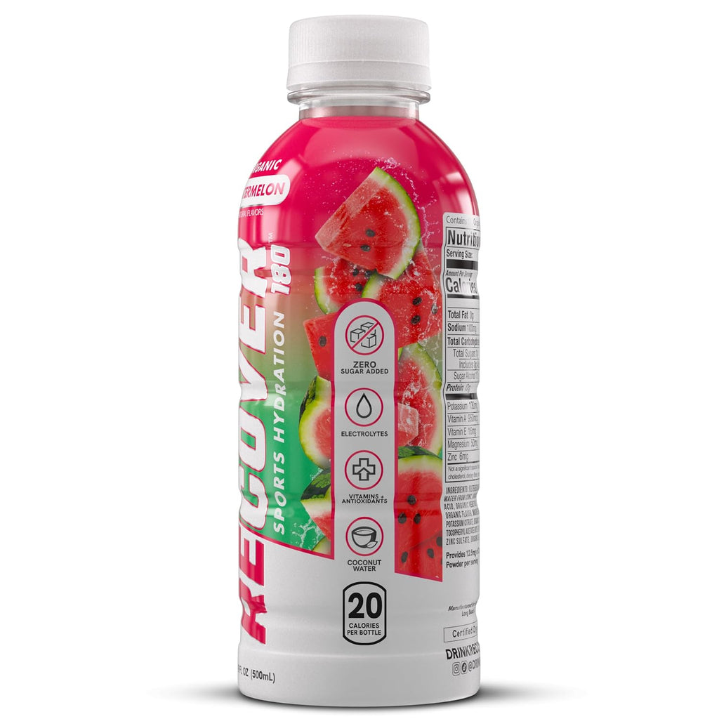 RECOVER 180 Organic Sports Hydration Drink, No Sugar Added, 20 Calorie Sports Beverage, Organic Flavors With Vitamins, Potassium-Packed Electrolytes (16.9 Fl Oz (Pack of 12), Watermelon)