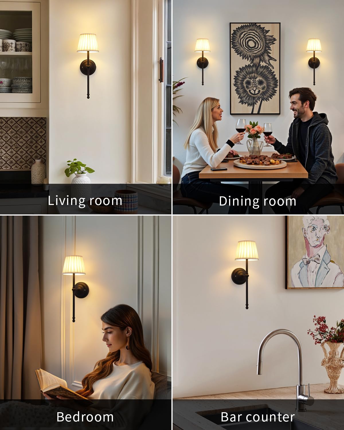 KDG Black Cordless Wall Sconces Set of 2, Beige Fabric LED Wall Lamps