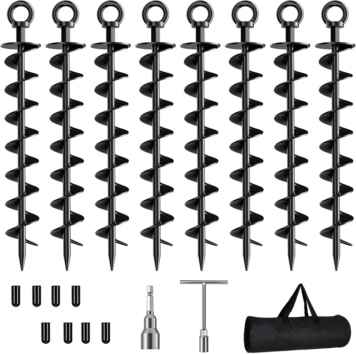 Phopich Ground Anchor Screw in, 4 Pack Spiral Trampoline Anchors with Nut and Tool Swing Set Anchors Tent Stakes High Wind Heavy Duty for Sheds, Carports, Mobile Home Orange