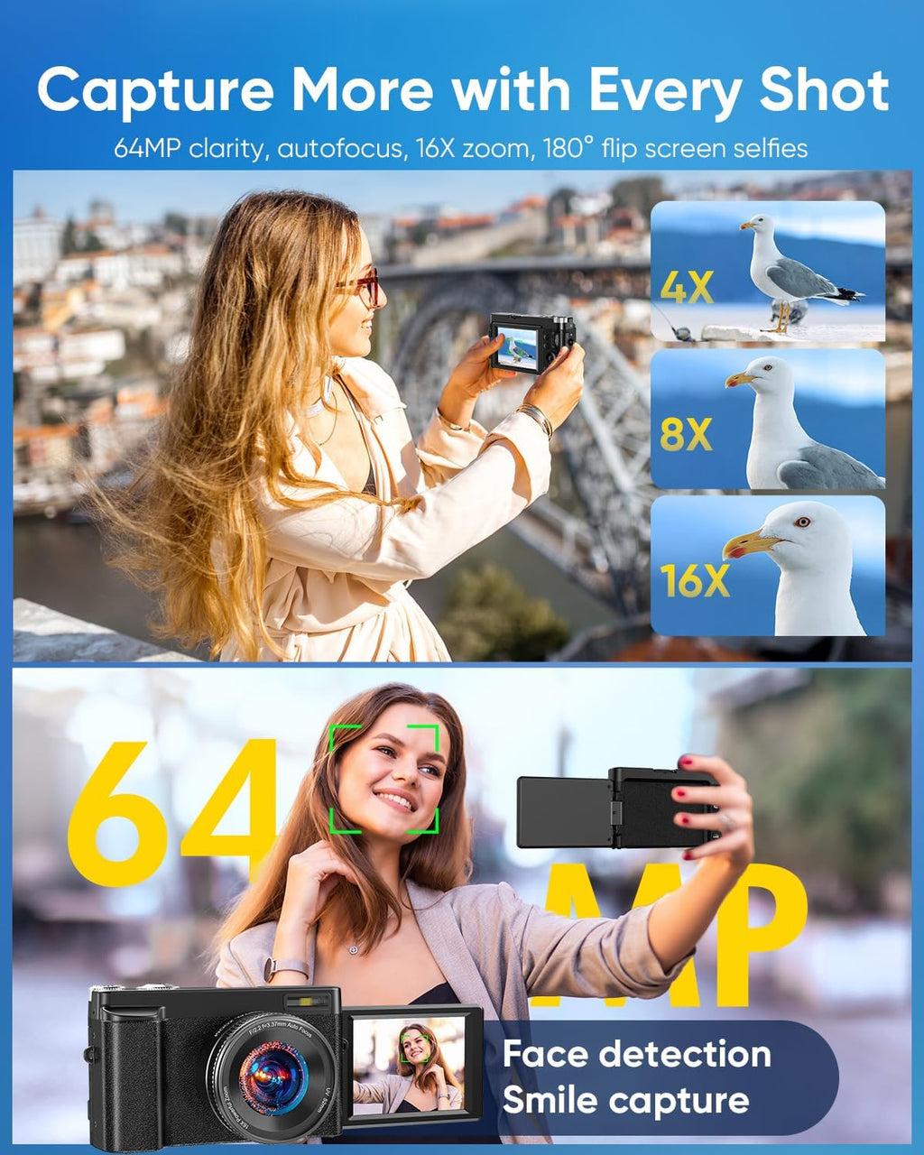 2026 Upgraded 4K Digital Camera 64MP WiFi 180° Flip Screen Autofocus, Black