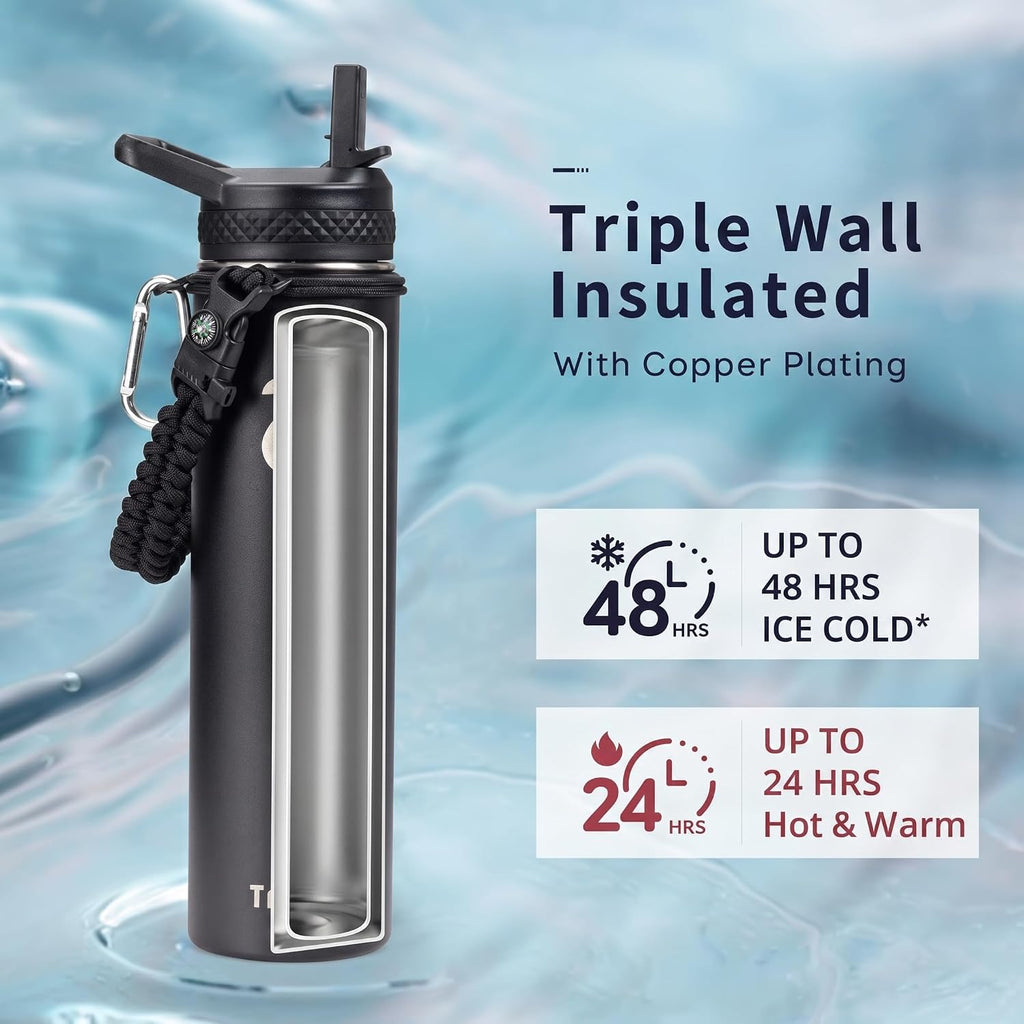 Trebo Insulated Water Bottle 24 oz with 3 Lids, Paracord Handle