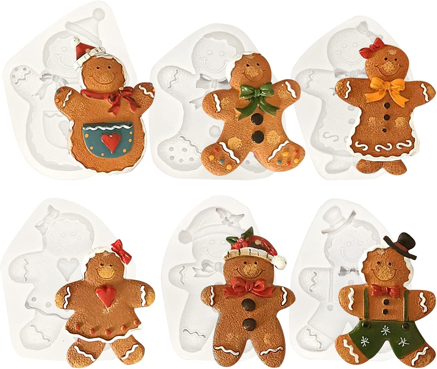 6 Pcs Christmas Fondant Molds, Gingerbread Man Chocolate Candy Silicone Mold, Kitchen Baking Cake Decorating Mold for Cupcake Toppers, Bread, Cookies, Marzipan, Soap, Epoxy Crafts, Candles, clay