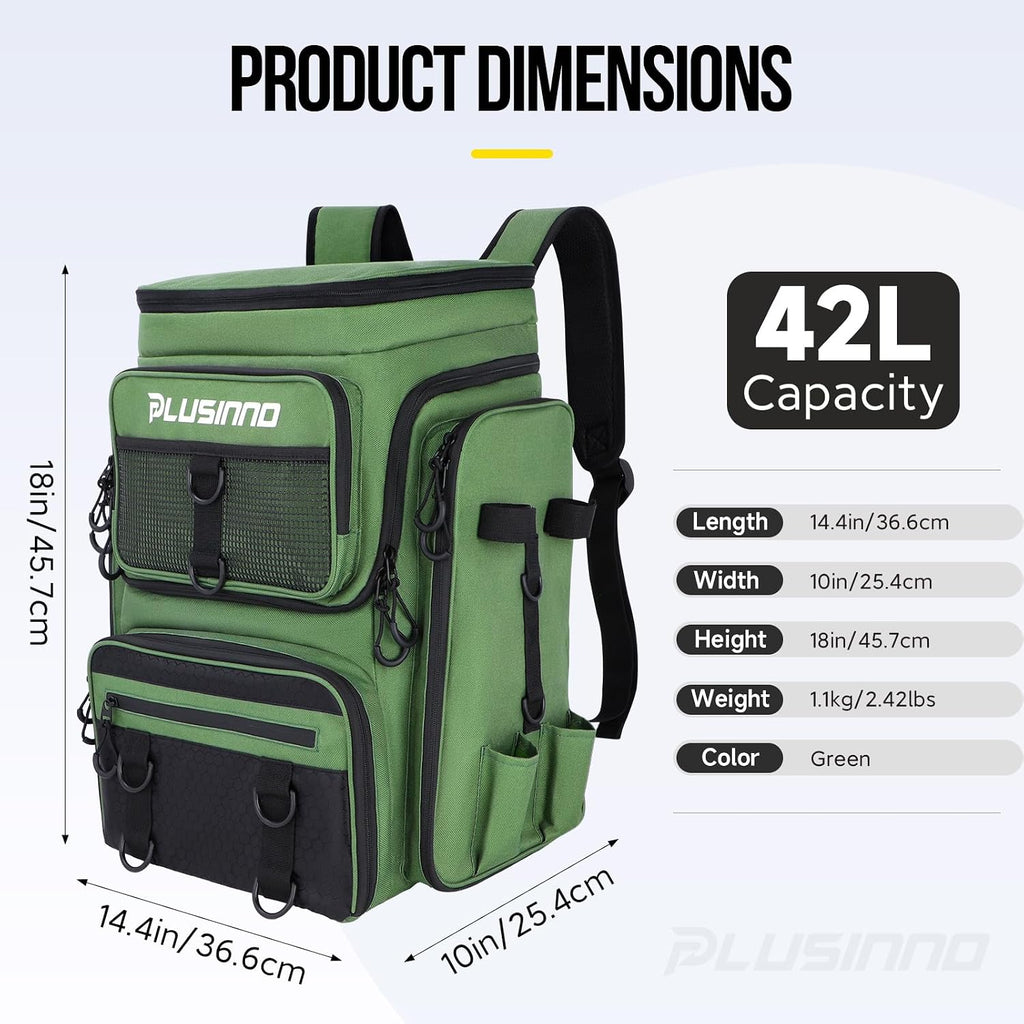PLUSINNO Fishing Backpack with Rod Holders 4 Tackle Boxes, 42L Large Water-Resistant Fish Tackle Bag Store Fishing Gear, Camping, Hiking Gifts for Men Father, Green