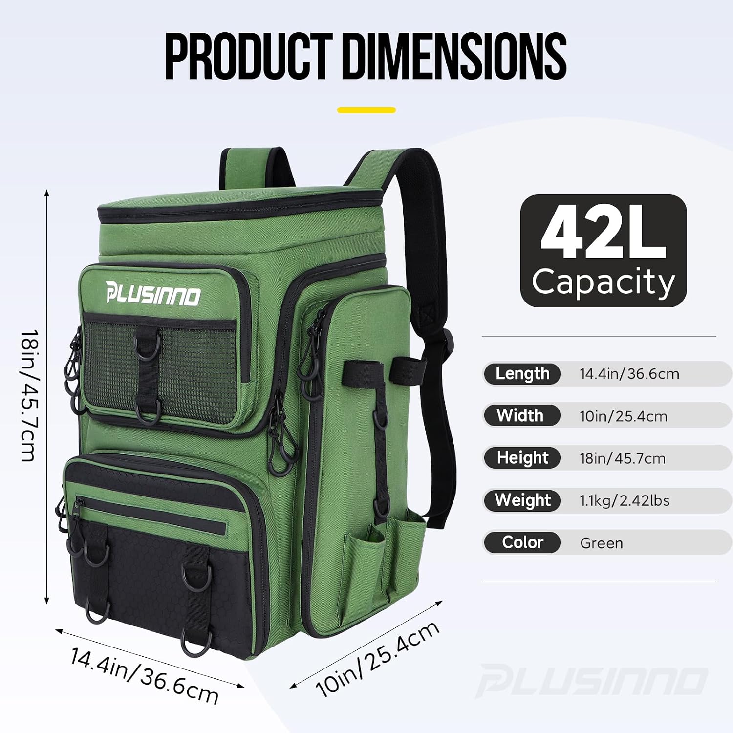 PLUSINNO Fishing Backpack with Rod Holders 4 Tackle Boxes, 42L Large Water-Resistant Fish Tackle Bag Store Fishing Gear, Camping, Hiking Gifts for Men Father, Green
