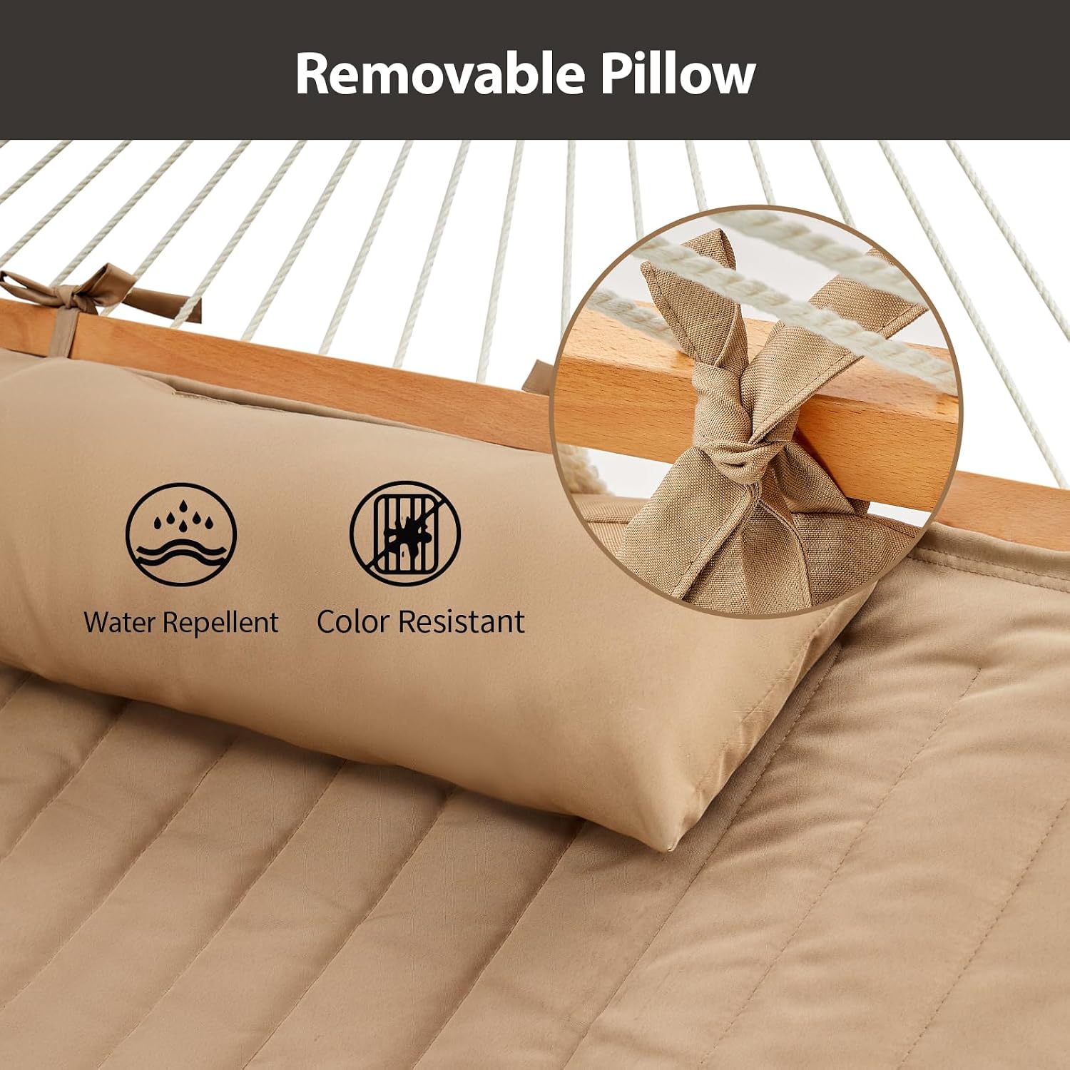 CHULIM Outdoor Double Hammock with Hardwood Spreader Bars, Large Rope Hammock with Polyester Pad and Pillow, 475 LBS Capacity for 2 Person Patio Backyard Poolside - Tan