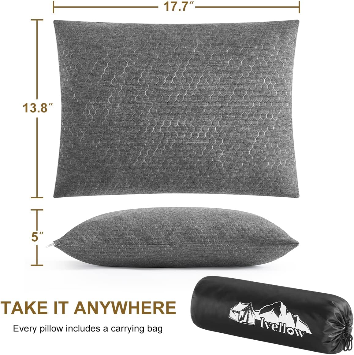 Ivellow Travel Pillow, Camping Pillow for Sleeping, Shredded Memory Foam