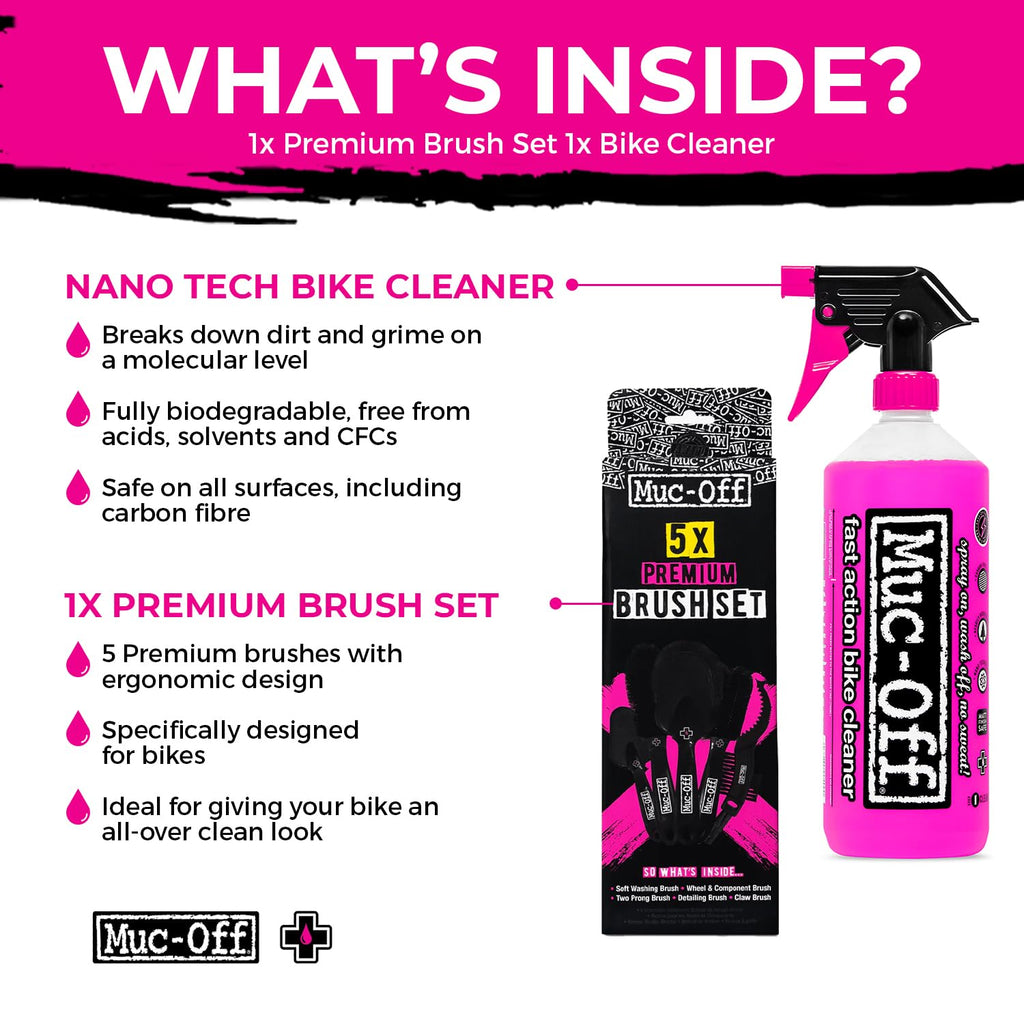 Muc-Off Nano Tech Bike Cleaner Concentrate 1L + 5 Brush Set | Powerful Eco-Friendly Bike and Motorcycle Cleaner | Safe on Carbon Fibre | Biodegradable Formula and Refill-Friendly