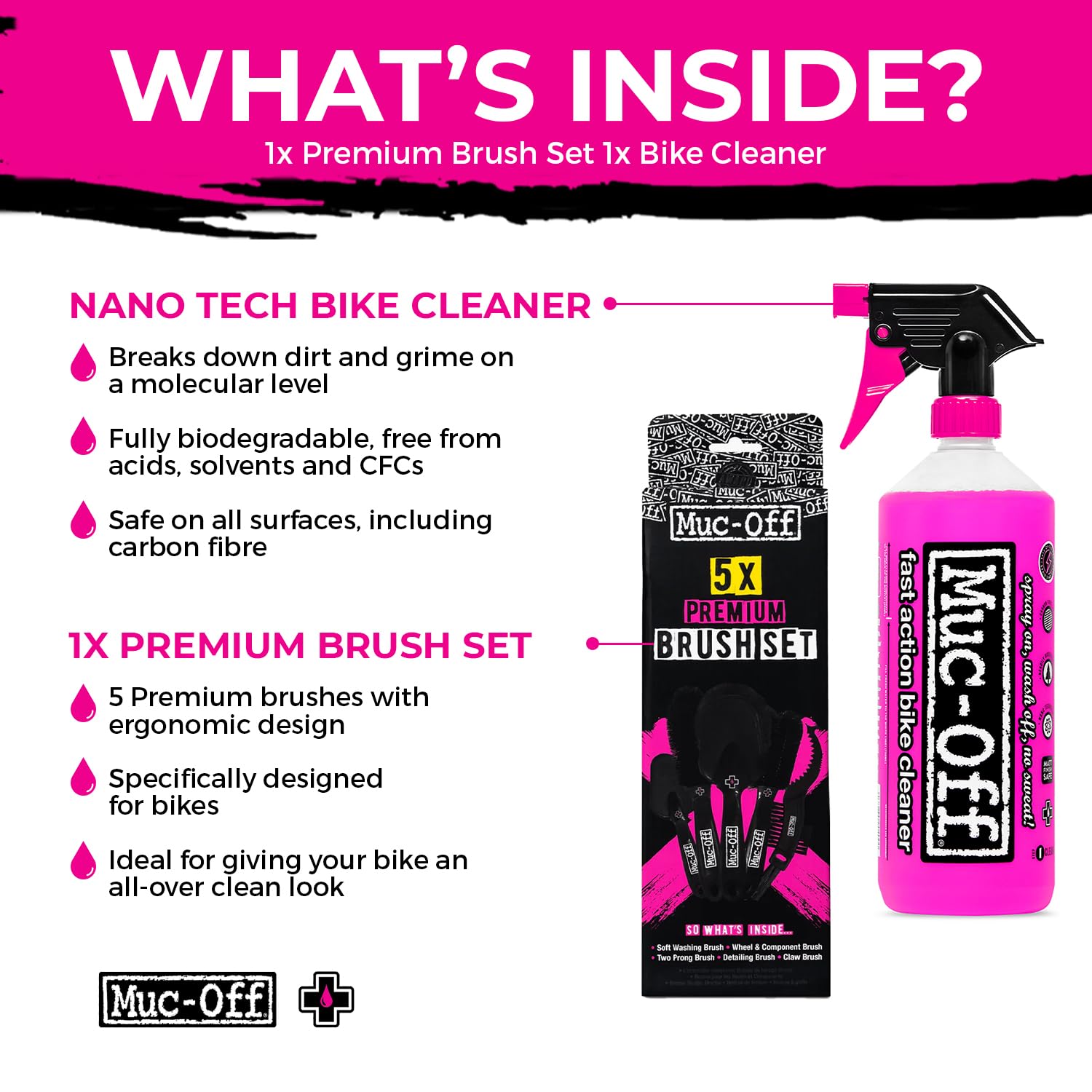Muc-Off Nano Tech Bike Cleaner Concentrate 1L + 5 Brush Set | Powerful Eco-Friendly Bike and Motorcycle Cleaner | Safe on Carbon Fibre | Biodegradable Formula and Refill-Friendly