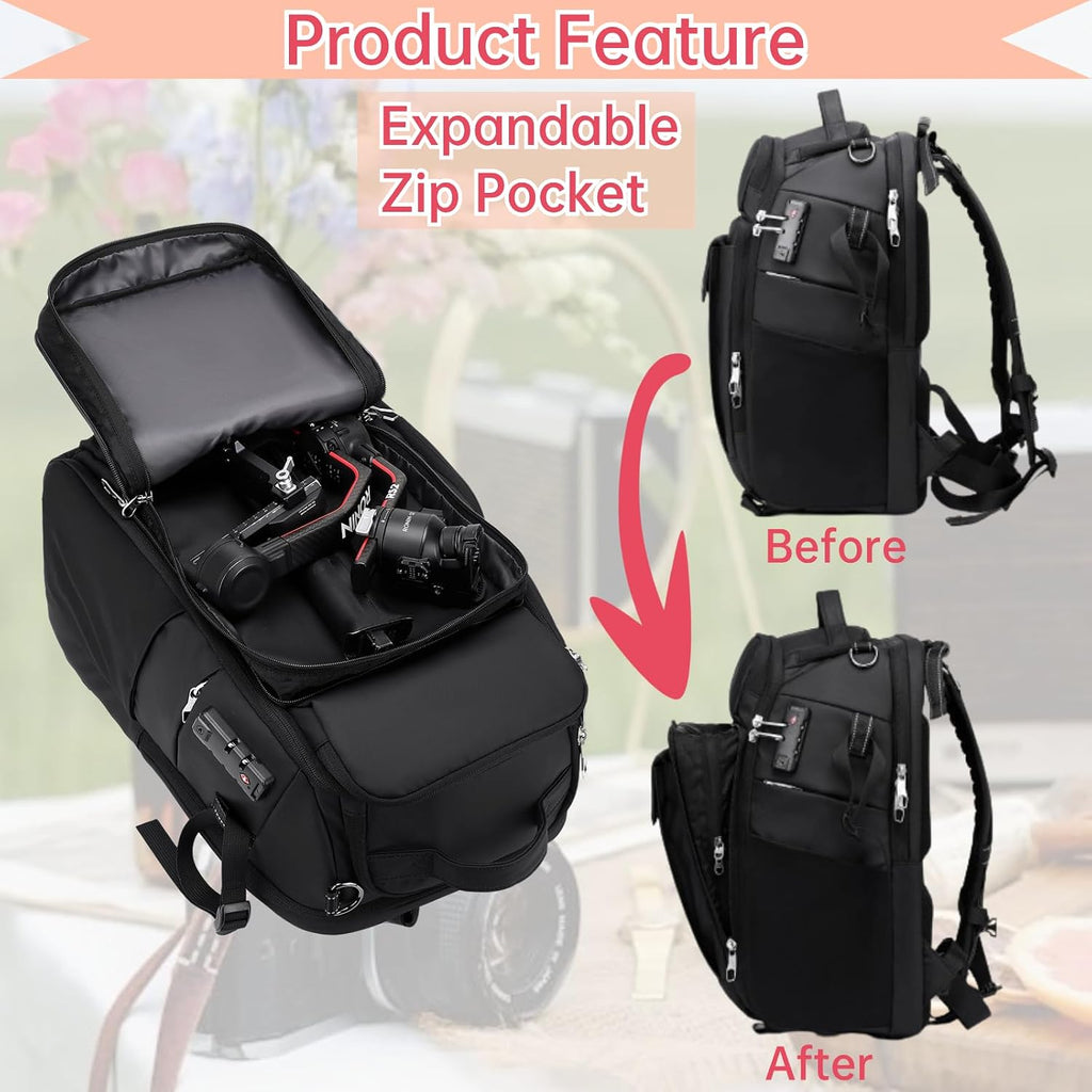 Camera Backpack Large, Waterproof Camera Bag for Mirrorless and DSLR with TSA Lock,Quick Access,17-Inch Laptop Compartment, Adjustable Straps - Fits Camera Stabilizer,Drone, Black