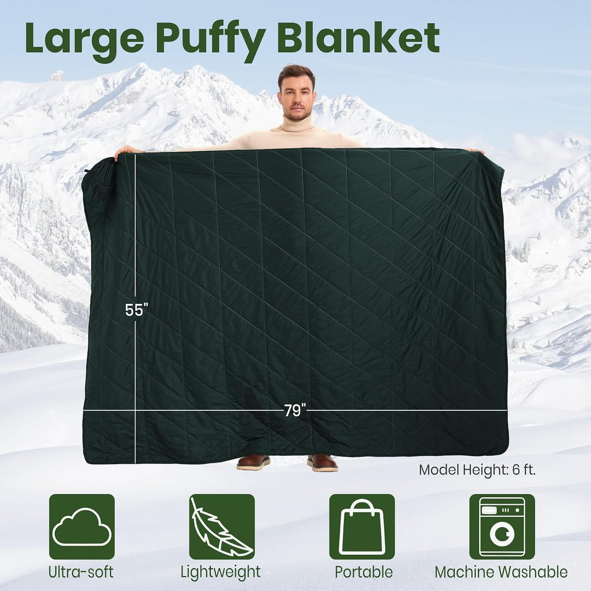 Outdoor Puffy Blanket, Reversible Warm Camping Blanket, Water-Resistant, Packable, Lightweight, Camping Quilt, for Stadium, Backpacking, Hammock, Picnic. 79"x55". Teal Green.