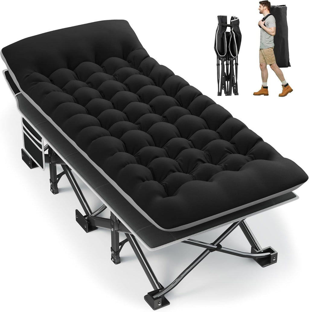 Fragess Portable Camping Cot, 32" Extra Wide Camping Cots for Adults with Thick Mattress, Heavy Duty Sleeping Cot Holds Up to 600LBS, Cots for Sleeping, Rv, Beach, Patio, Office Naps(Black)