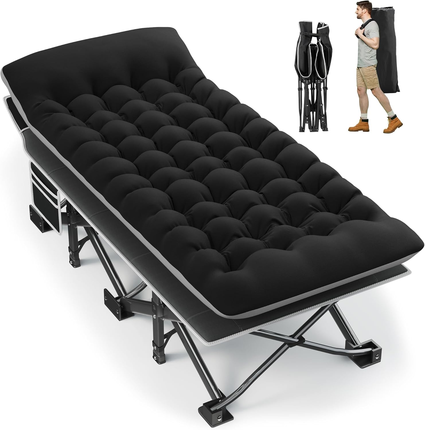 Fragess Portable Camping Cot, 32" Extra Wide Camping Cots for Adults with Thick Mattress, Heavy Duty Sleeping Cot Holds Up to 600LBS, Cots for Sleeping, Rv, Beach, Patio, Office Naps(Black)